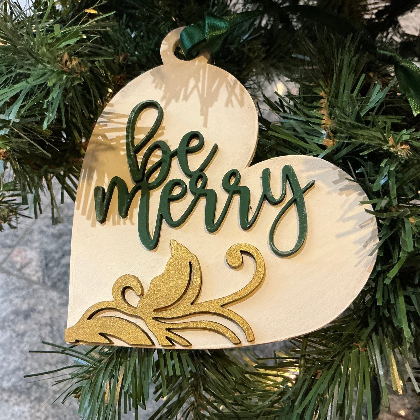 Flourish Heart Ornament Be Merry green