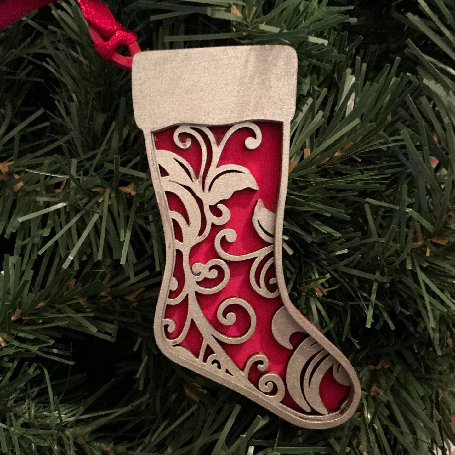 Flourish Stocking Ornament Silver Red