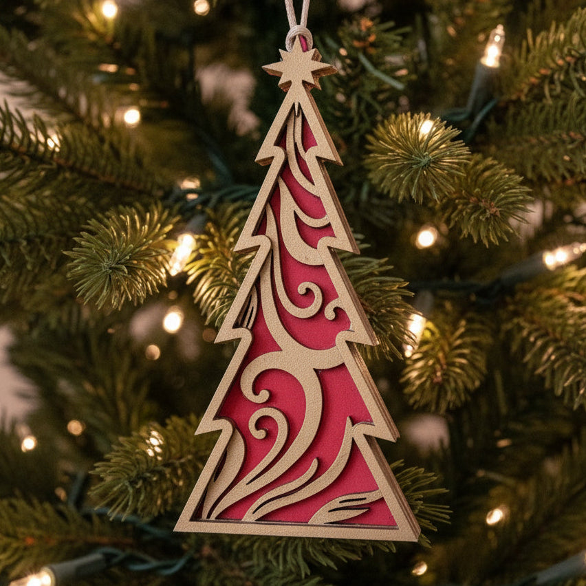 Swirl Flourish Tree Ornament - Large Gold Red