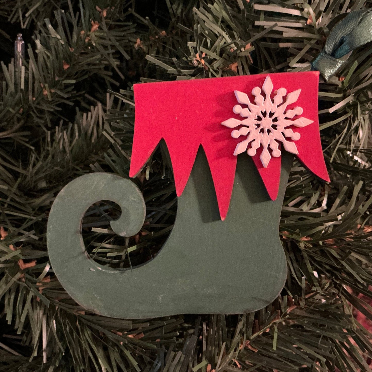 Elf Boot Tree Ornament Green with Red Trim Christmas Decoration