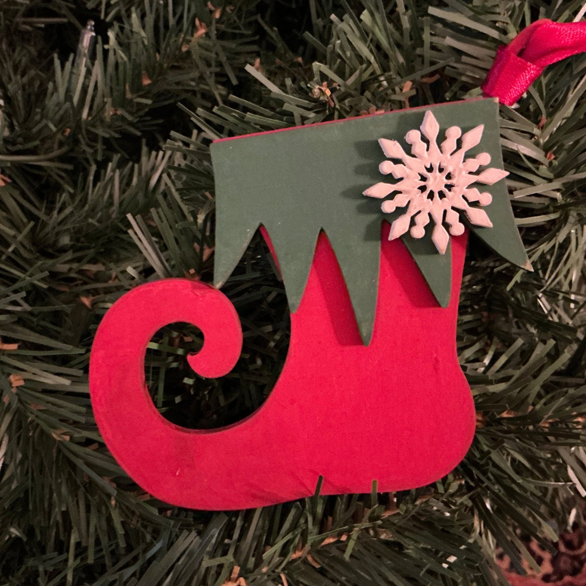 Elf Boot Tree Ornament Red with Green Trim Christmas Decoration