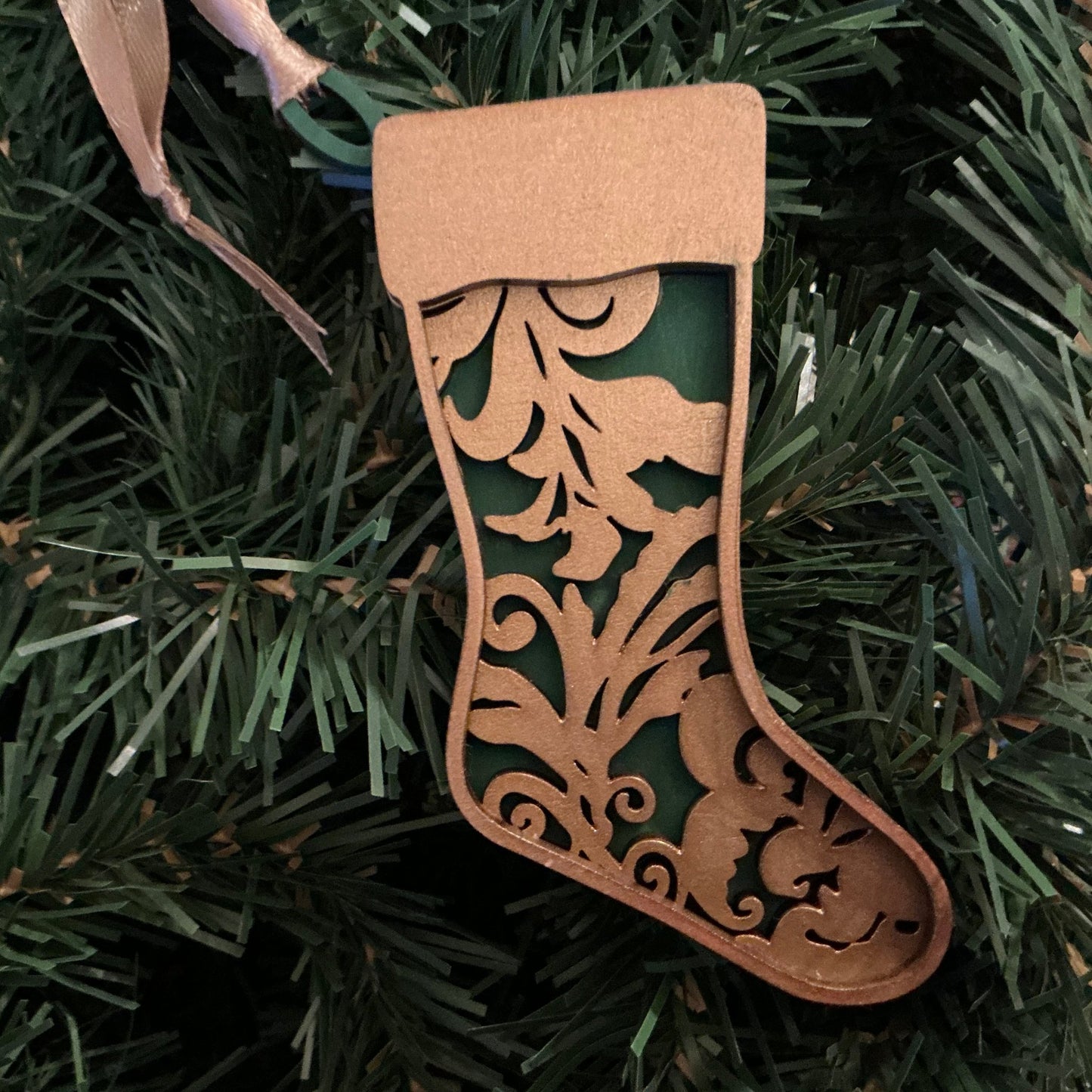  Flourish Stocking Ornament Gold Green