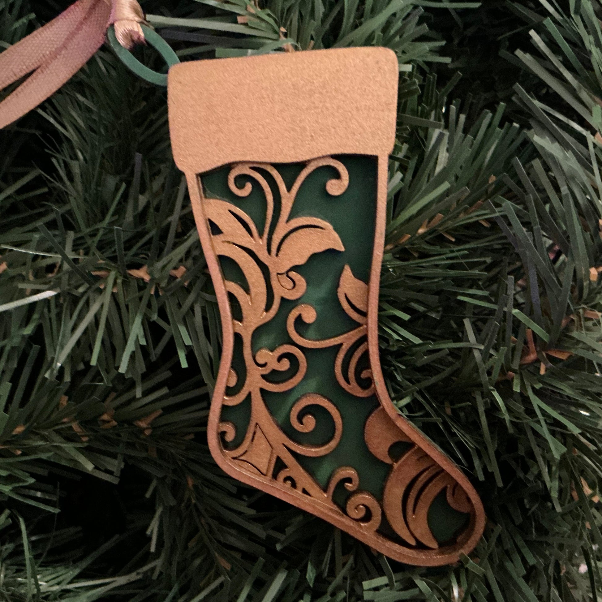  Flourish Stocking Ornament Gold Green