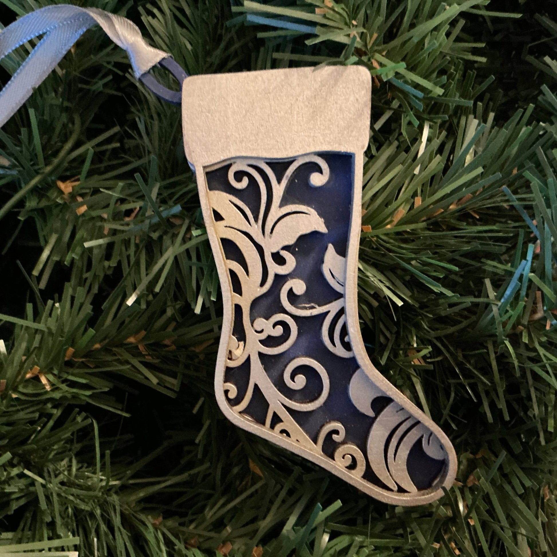 Flourish Stocking Ornament Silver Navy 