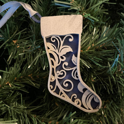 Flourish Stocking Ornament Silver Navy 