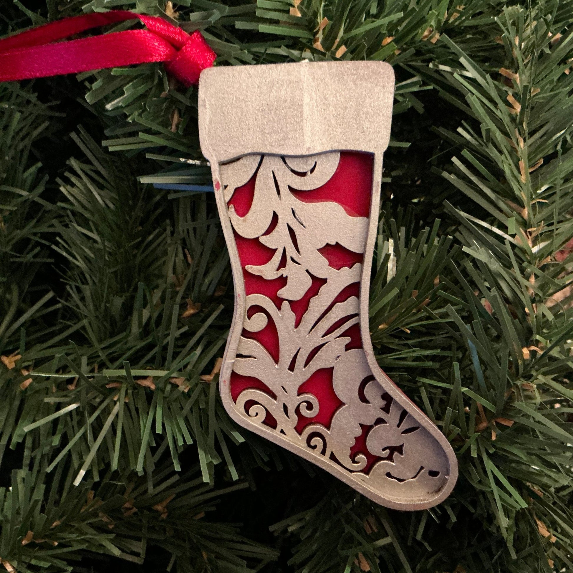 Flourish Stocking Ornament Silver Red