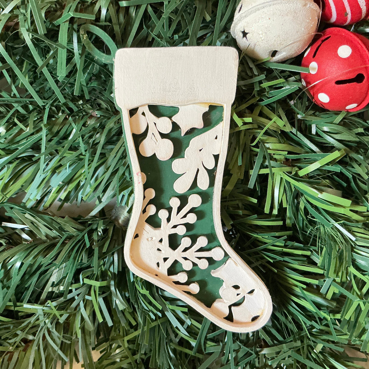  Holly & Snowflake Stocking Ornament “B” Green