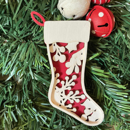 Holly & Snowflake Stocking Ornament “B” Red