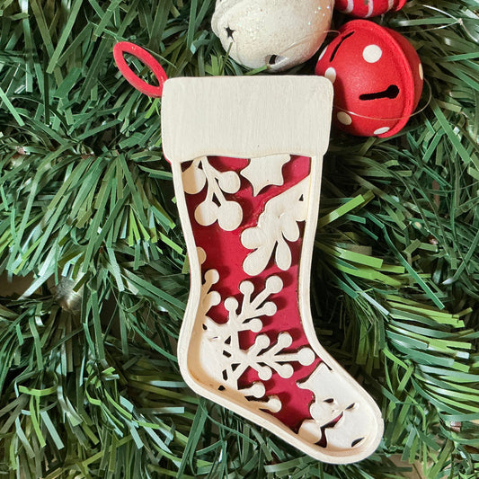 Holly & Snowflake Stocking Ornament “B” Red