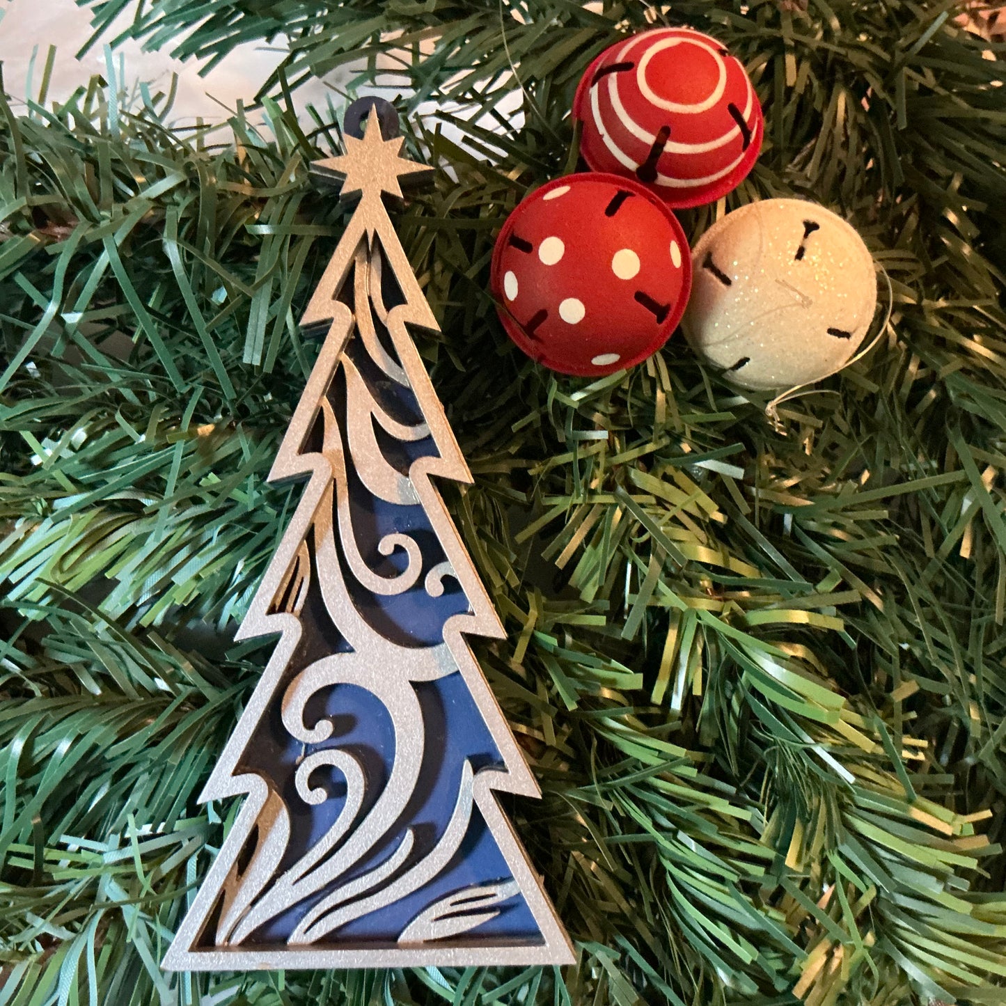 Longbourn Handcrafted Swirl Tree Ornament navy blue with metallic silver 3 layers