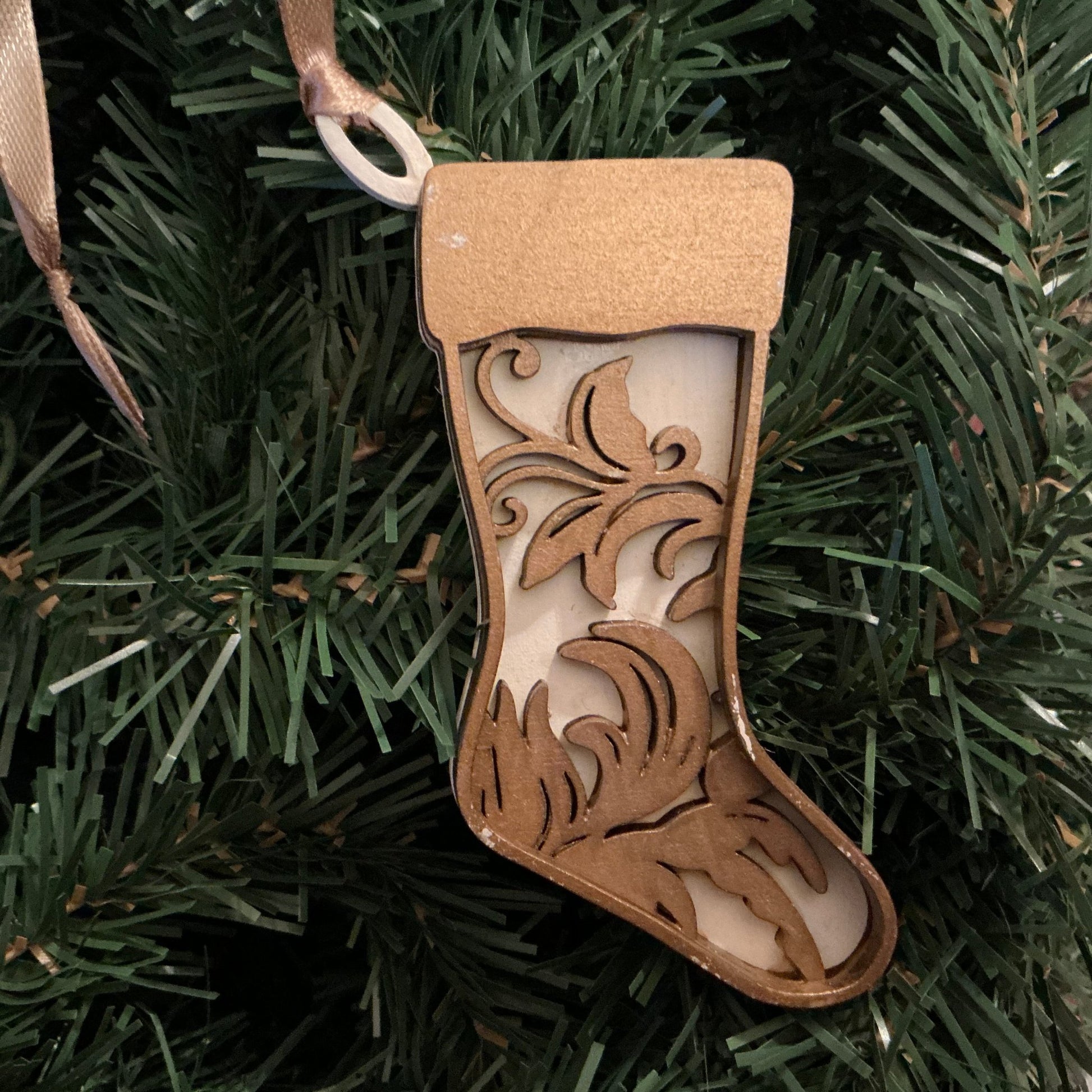 Flourish Stocking Ornament  Gold Antique White Christmas decoration