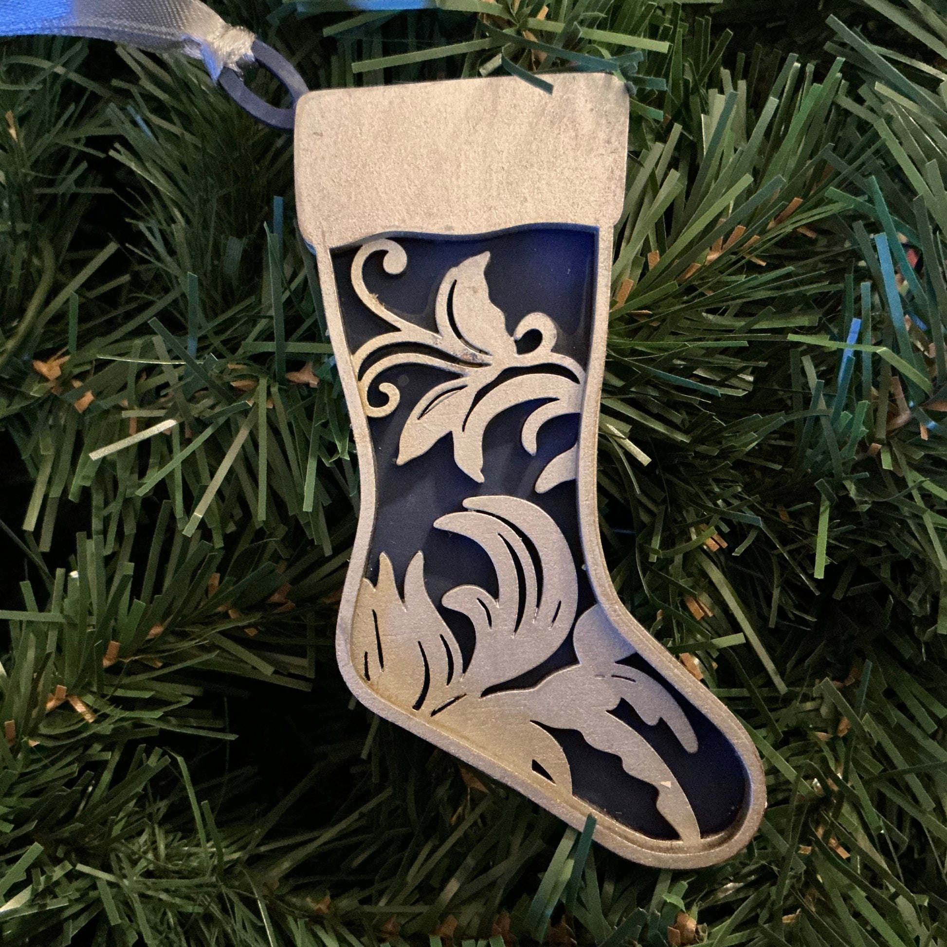 Flourish Stocking Ornament Silver Navy Christmas decoration