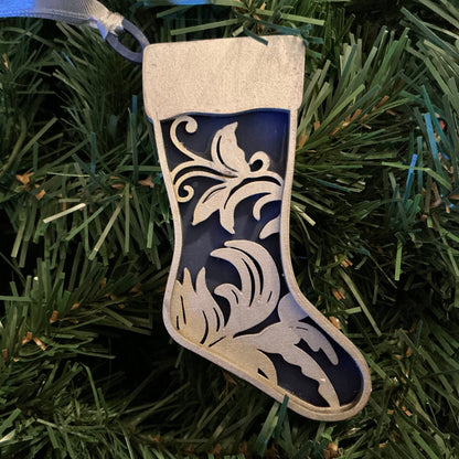 Flourish Stocking Ornament Silver Navy Christmas decoration