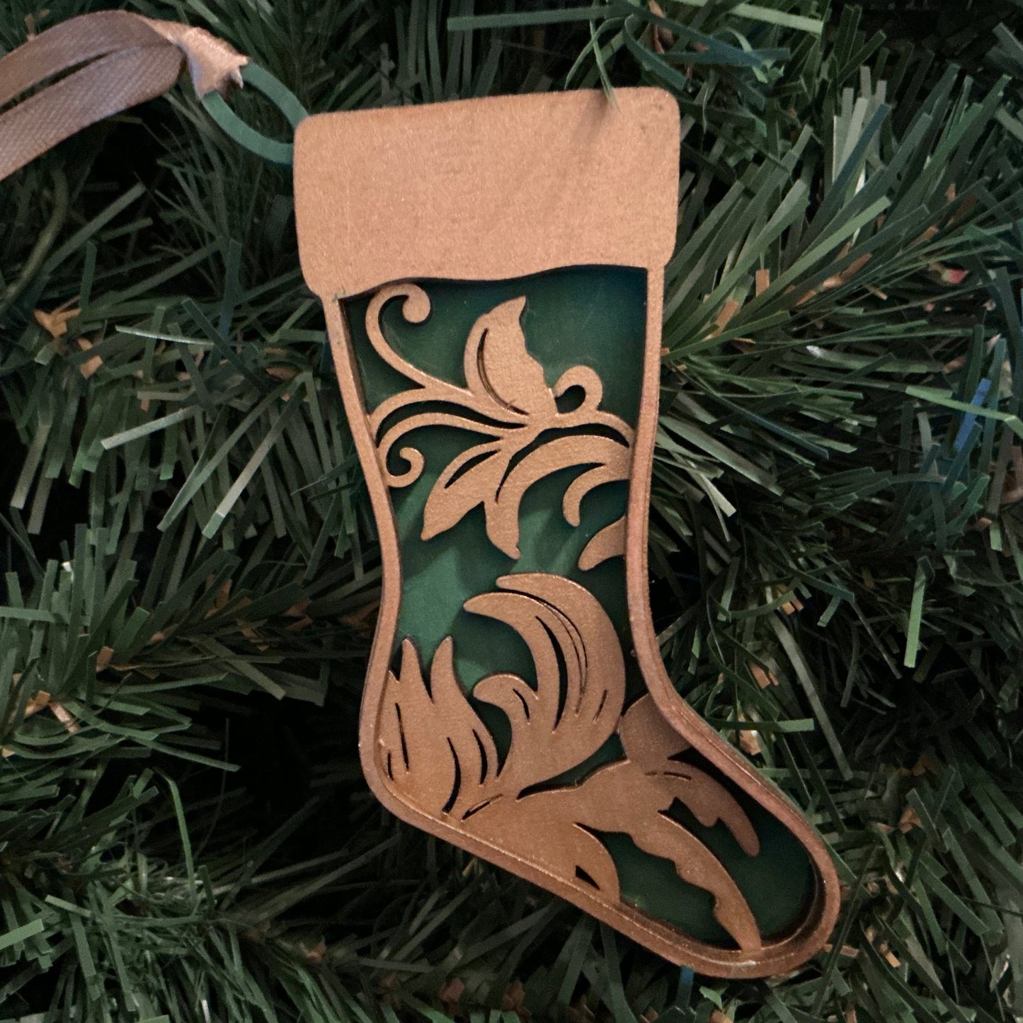 Flourish Stocking Ornament Gold Green Christmas decoration