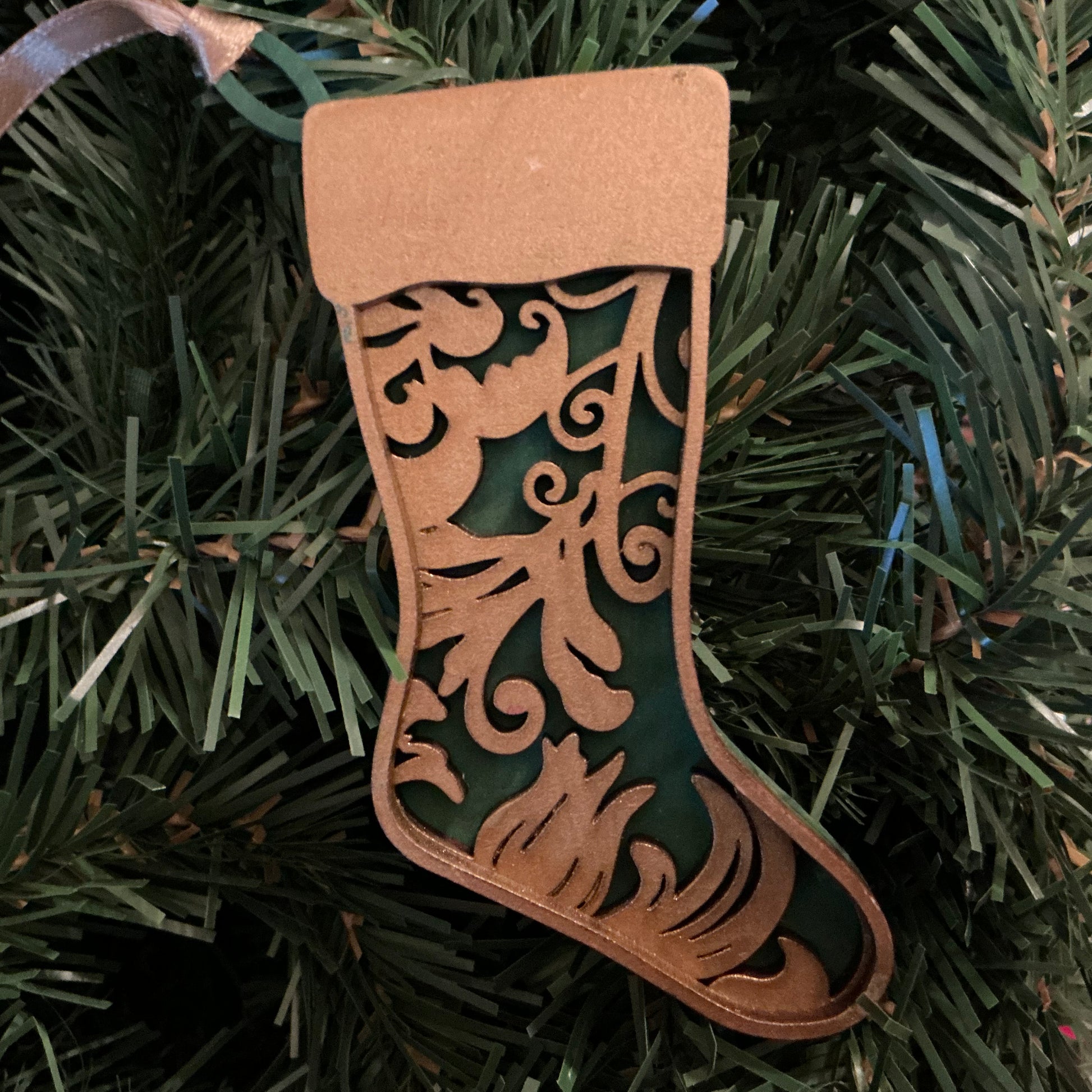 Flourish Stocking Ornament Gold Green Christmas decoration