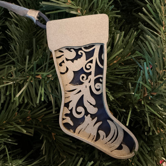 Flourish Stocking Ornament Silver Navy Christmas decoration