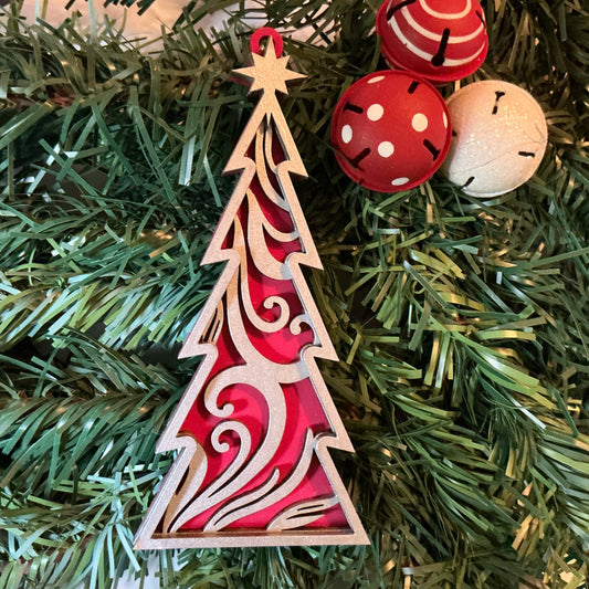 Swirl Tree Ornament berry red with metallic silver 3 layers Christmas Decoration